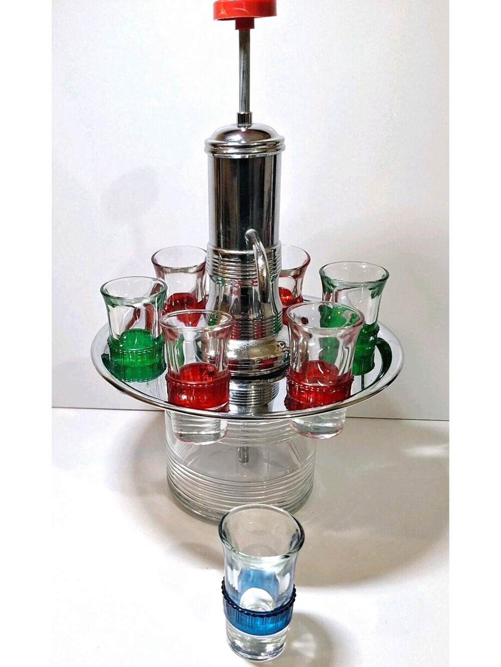 Park Sherman MCM Chrome Merry-Go-Round Liquor Pump Dispenser Bar Set 7 Shot Gls